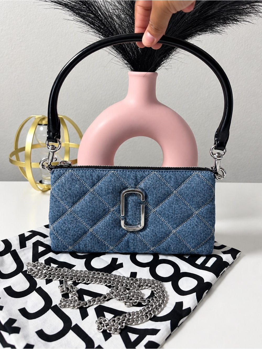Denim Quilted Handbag with Black Top Handle by